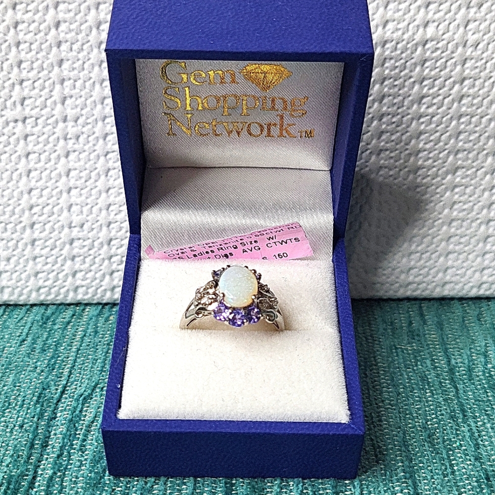Opal, Tanzanite, & 925 Sterling Silver Ring W/Diamond Accents Sz. 8
